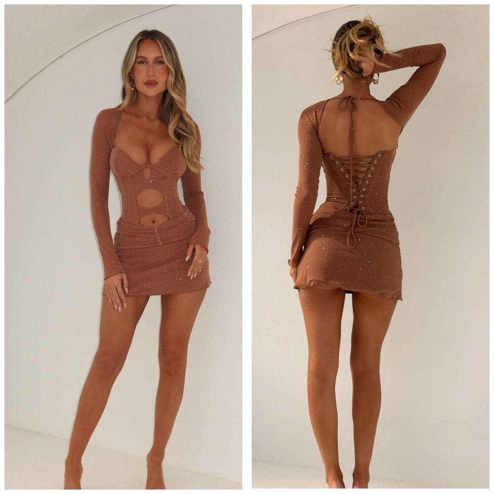 NWT Outcast Aubrey Long Sleeve Mini Dress Tan Corset Festival Sexy Size Small